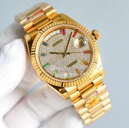 36mm Watch Men's Watches Men Automatic Cal.2834 Movement Eta Pave Rhinestone Dial President Time Day Date 128348 Yellow Gold Wristwatches