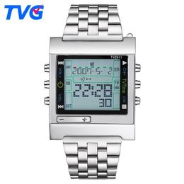 New Rectangle TVG Remote Control Digital Sport watch Alarm TV DVD remote Men and Ladies Stainless Steel WristWatch281B