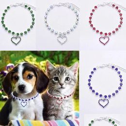 Dog Collars Leashes Fancy Rhinestone Pet Cat Necklace Romantic Hollow Heart Puppy Neck Accessories Adjustable Chain Birthday Summe Dhyov