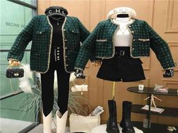 Vintage Plaid Tweed Jacket Women Elegant Ladies Single Breasted Short Outwear Tops Spring Fall Long Sleeve Retro Dark Green Coat 22264780