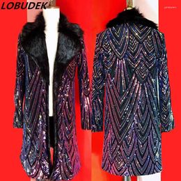 Stage Wear Reflective Sequins Faux Fur Overcoat Purple Blue Sequined Long Coat Cloak Bar Nightclub Concert Male Singer Performance Costume