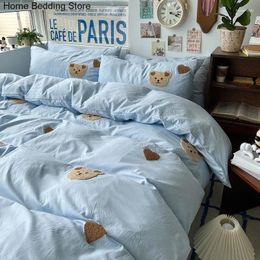 Bedding Sets Solid Blue Bear Set Duvet Cover Queen Full Twin Size Bed Flat Sheet Kids Girls Room Decor Quilt Pillowcase Kawaii