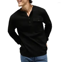 Men's T Shirts 2024 Spring Casual Long Sleeve Buttoned Crew Neck Tops Fashion Solid Colour Waffle T-shirt For Men Bottom Pullover