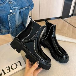 Boots 2024 Fall/Winter Women Shoes Patent Leather Ankle Round Toe Chunky Heel Solid Platform Casual