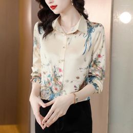 Women's Blouses Satin Shirts Printed Silk Casual Loose Ladies Clothing Spring/Summer 2024 Long Sleeves FLORAL FASHION Tops