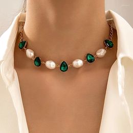 Chains 2024 Fashion Jewellery Big Pearl Ball Beaded Chain With Green Water Drop Pendant Necklace For Women Trendy Beades Collar Accessori