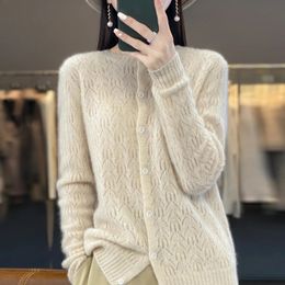 Round Neck 100 Merino Wool Cardigan Spring Autumn Hollow Out Fashion Long Sleeved Solid Colour Knitted Sweater Top 240126