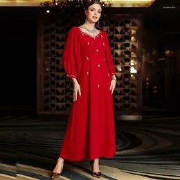 Ethnic Clothing Muslim Arab Red Abaya Rhinestone Ornament Islamic Bishop Sleeve V-Neck Gown Women Banquet Bride Robe