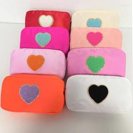 Cosmetic Bags Candy Color Bag With Embroidery Heart Patch Waterproof Nylon Large Makeup Pouch Clutch Metal Zipper For Girls