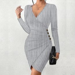 Casual Dresses Autumn Sexy Deep V-neck Ribbed Mini Dress Women Long Sleeve Solid Hip Wrap Spring Elegant Button Waist Party