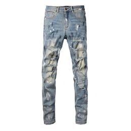 Designer Jeans For Mens Pants Purple Jeans Street Hole Star Patch Men's Womens Amirs Star Embroidery Denim Stretch Slim-Fit Trousers True Jeans 789