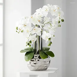 Decorative Flowers Potted Faux Artificial Arrangements Realistic White Phalaenopsis Orchid In Silver Pot Home Decoration Living Room