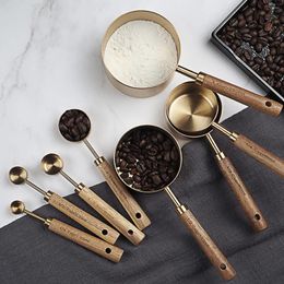 Measuring Tools 8pcs Measure Cup And Spoon Set Stackable Gold With Wooden Handle Stainless Steel Baking Measurement