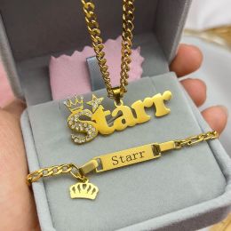 Necklaces Customised Nameplate Suit Custom Baby Name Necklace Zircon Stainless Steel Cuban Chian BIG Crown Star Charm Bracelet for Kids