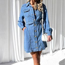 Casual Dresses Fashion Vintage Denim Dress With Belt Long Sleeve Solid Colour Office Street Elegant Mid Length