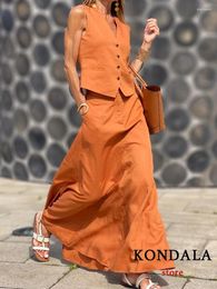 Work Dresses KONDALA Office Lady Orange 2 Pieces Women Suits V Neck Vest Blazer High Waist Loose Long Skirts Fashion 2024 Summer Elegant