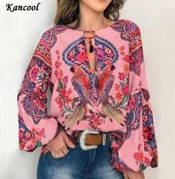 Women Boho Lantern Long Sleeve Loose V neck Floral Shirts Tops Ladies Hippie Tunic Blouse Shirt Autumn Casual Tops7701517