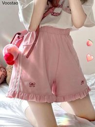 Women's Shorts Cute Girl Summer Lolita Sports Chic Pink Bow Embroidery Ruffles Short Pants Women Harajuku Kawaii Loose Wide Leg