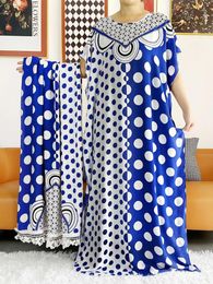 Ethnic Clothing 2024 Summer Africn Lady's Eid Dress Big Scarf Cotton Wave Point Printed Loose Floral Boubou Maxi Islam Women Short Sleeve