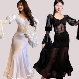 Stage Wear 2024 Ballroom Dance Dress For Women Long Sleeved Big Swing Skirts Suit Female Waltz Modern Competition Clothing DQS15348
