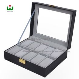 10 Grids Slot PU New Bias Leather Brand Logo Watch Box Display Organiser Glass Top Jewellery Storage Organiser BOX BLACK Grey Interi2530