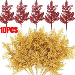 Decorative Flowers Christmas Artificial Pine Branches Gold Red Glitter For DIY Tree Wreath Wedding Party Year Ornament
