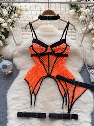 Bras Sets SINGREINY Mesh Camis Sensual Underwear Set Female Straps Patchwork Bodycon Shapewear Woman Club Backless Corset Lingerie Suits