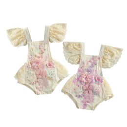 024M Princess Clothes Fashion Baby Girls Romper Summer Lace Flowers Print Ruffles Short Sleeve Jumpsuits 2 Colors 240118