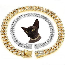 Dog Collars Leashes Rhinestone Kitten Collar Luxury Metal Chain For All Breeds Dogs Cats Cuban Link Necklace Hip Hop Gold Puppy Pe Dhewk