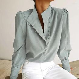 Women's Blouses Turtleneck Blouse Long Sleeve White Shirt Office Ladies Top Casual Solid Single-Breasted Puff Womens