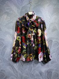 Spring Summer Women 100% Silk Blouses Scarf Collar Fashion Flower Printing Shirt High Street Laptops