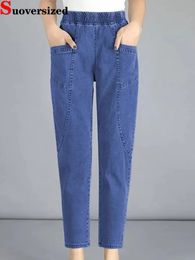Vintage High Waist Ankle-length Blue Jeans Harem Elastic Denim Pants Large Size 4xl Woman Jogger Vaqueros Casual Baggy Spodnie 240125