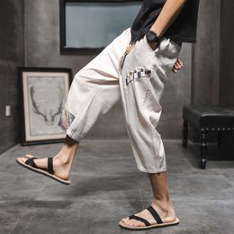 Mens Linen Capris Loose Fitting Chinese Style Casual Pants Cotton Wide Leg