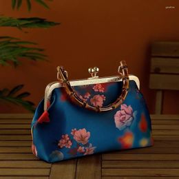 Evening Bags Retro Bamboo Joint Handle Handbag Vintage Chinese Style Flower Print Clutches Bag For Women Dinner Party Shoulder