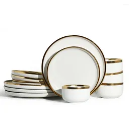 Cookware Sets Porcelain 12 Piece Dinnerware Set Service For 4 MaWhite Black And Golden Rim Plate Bowls Ceramic Tableware Wholesale