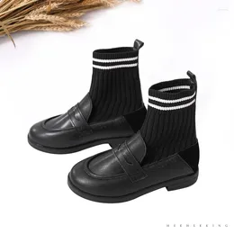 Boots TaoziBaby Autumn And Winter Girls Stretch Socks Children's Leather Black Shoes Velvet Short