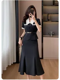 Two Piece Dress Summer Elegant 2 Set Women Vintage Black Patchwork Blazer High Waist Fishtail Skirt Korean Fashion Y2k Clothes Suit