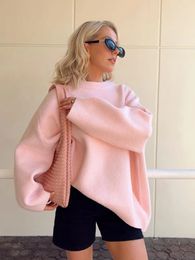 Fashion Solid Pink Knit Sweaters Women Casual Loose O Neck Long Sleeve Top Knitwear Autumn Chic Lady Highstreet Pullover 240130