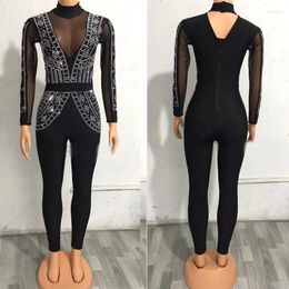 Stage Wear Silver Rhinestones Jumpsuit Sexy Black Mesh Rompers Women Singer Celebrate Jazz Gogo Costume Festival Outfit XS4326