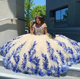 Quinceanera Ball 2024 가운 드레스 스파게티 스트랩 오프 어깨 로열 블루 레이스 아플리케 3D 꽃 꽃 수정 구슬 바닥 길이 플러스 크기 파티 저녁