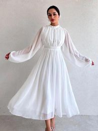 Casual Dresses Foridol Folds Elegant White Chiffon Spring Summer Dress Women 2024 Lantern Sleeve A-line Midi Holiday Vestidos Zip