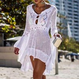 Sarongs Fashion Knitted Tunic Dress Women White Swimsuit Covre-ups Hollow Out Beach Cover Up Skirt Summer 2021 Sarong De Plage12379