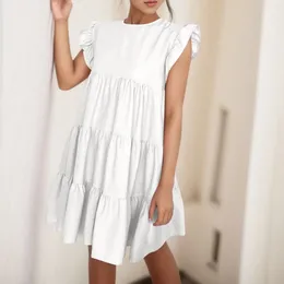 Casual Dresses Womens Fresh Sweet Comfortable Round Neck Flying Sleeve Dress Fashion Loose Solid Colour Ruffle Hem Mini