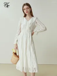 Casual Dresses FSLE Lace Lapel Design Spring Dress Women Gentle Style Patchwork A-LINE Skirts Beige Full Length High Waist