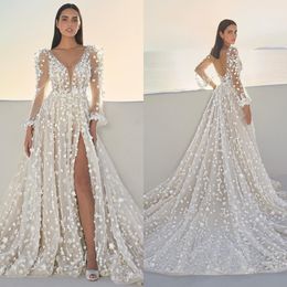 Vintage 3D Floral Wedding Dresses V Neck A Line Long Sleeve Lace Beach Bridal Gowns Side Split Bride Dress Vestidos De Novia