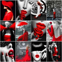 Paintings CHENISTORY Acrylic Painting By Numbers Red Lips Woman Handpainted Diy Pictures Artistic Number Wall Decor