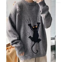 Women's Sweaters American Retro Cartoon Cat Design Hole Oversized Pullovers Men Unisex Fashion Winter Knitted Jumper Tops Kawaii Clothes