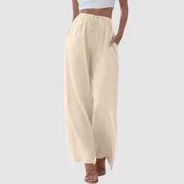 Women's Pants Summer Cotton Linen Blended Women Thin Breathable Loose Trousers Drawstring Wide Leg Casual Female