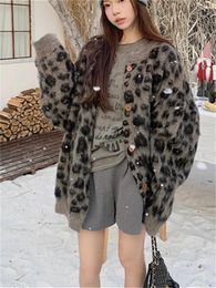 Women's Knits Alien Kitty Leopard Women Sweaters Office Lady Vintage Loose Winter Knitted Slim Daily All Match Oversize Cardigans Coats