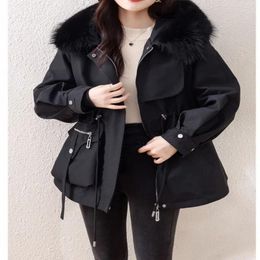 Women's Leather Wanren Fan Parka Fur Collar Rabbit Liner Three-Proof Fabric Coat Waist Slimming